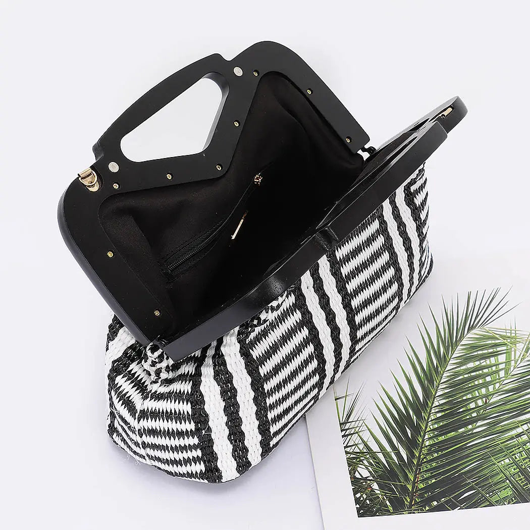 Faux Straw Wood Frame Clutch