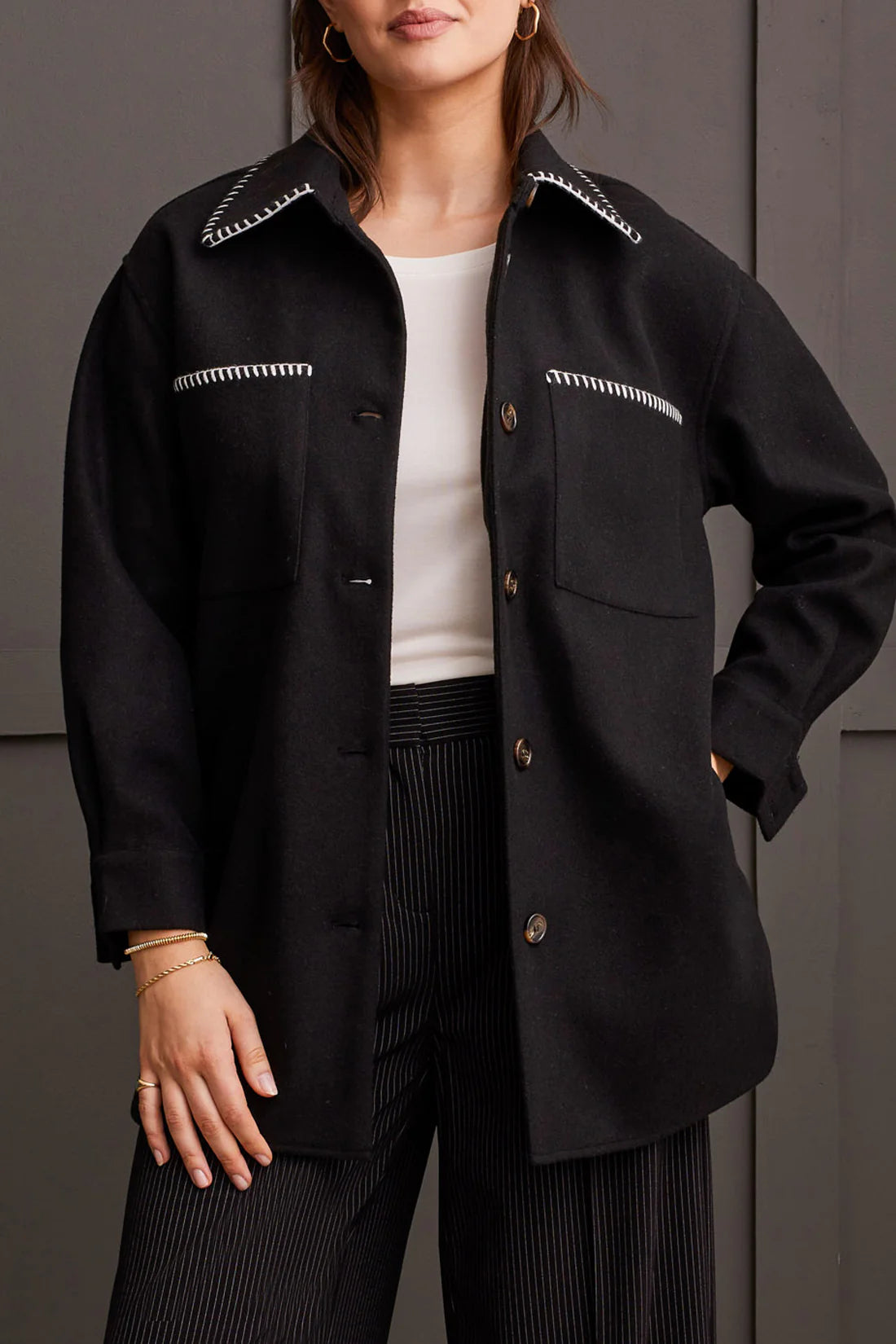 Tribal Blanket Stitch Button Front Coat