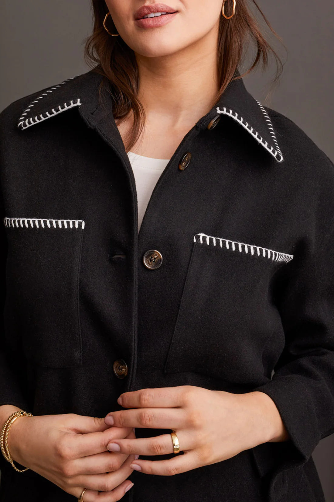Tribal Blanket Stitch Button Front Coat