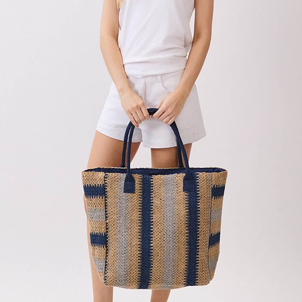 Natural Brown Stripe Straw Tote Bag