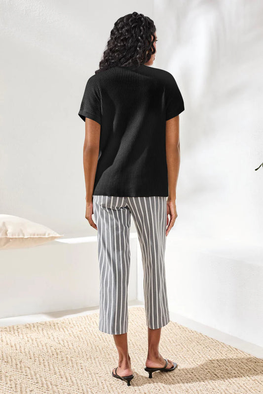 Tribal Dolman Short Sleeve Ribbed Knit Top With Pocket