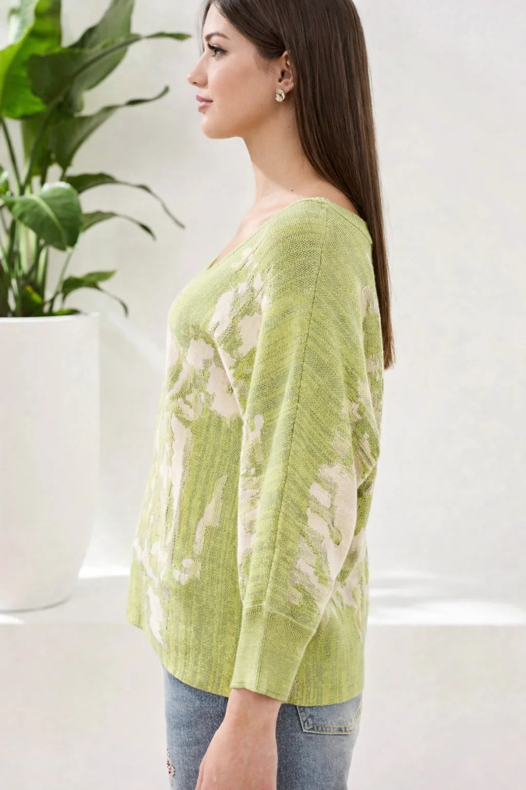 Tribal U Neck Jacquard Sweater 3/4 Sleeve