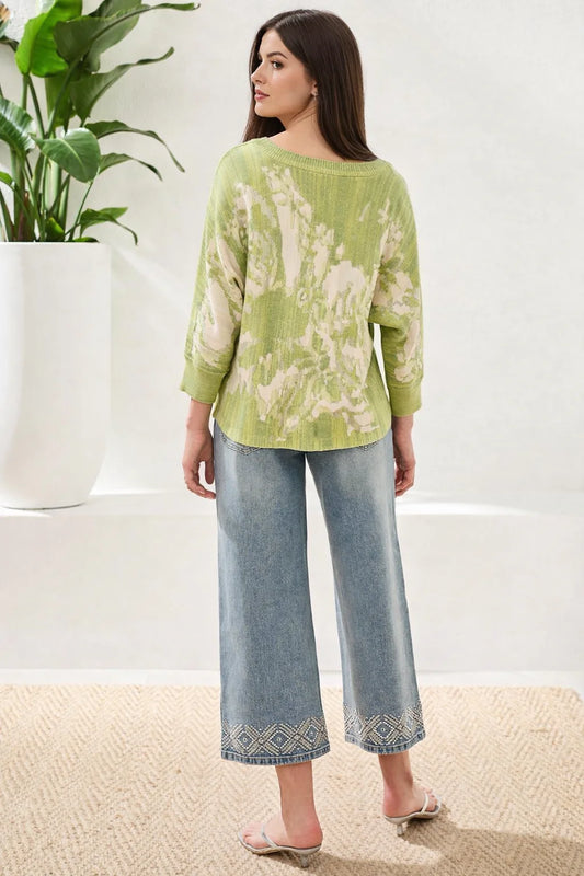 Tribal U Neck Jacquard Sweater 3/4 Sleeve