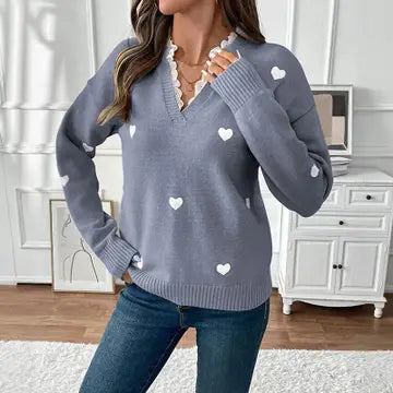 V-Neck Heart Lace Trim Sweater
