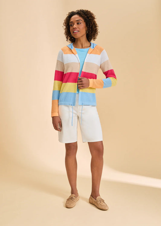 FDJ Striped Pointelle Hooded Cardigan