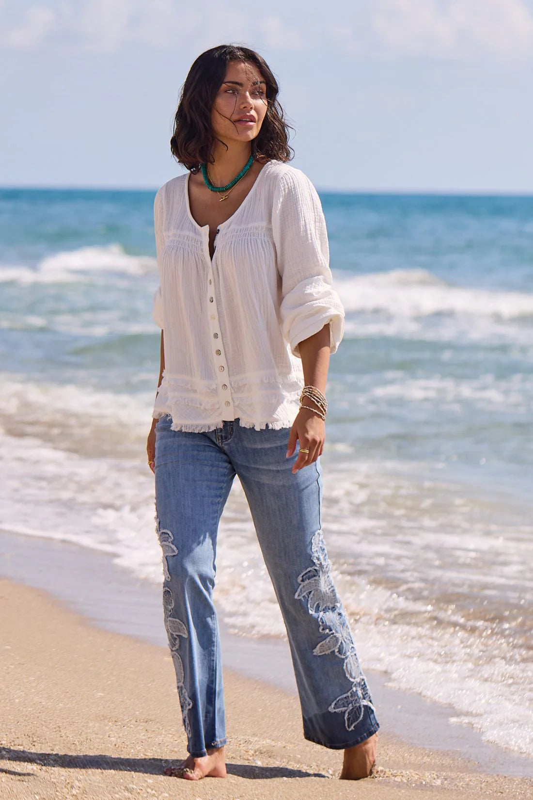 Tribal Crinkle Gauze Button-Front Balloon Sleeve Frayed Hem Blouse