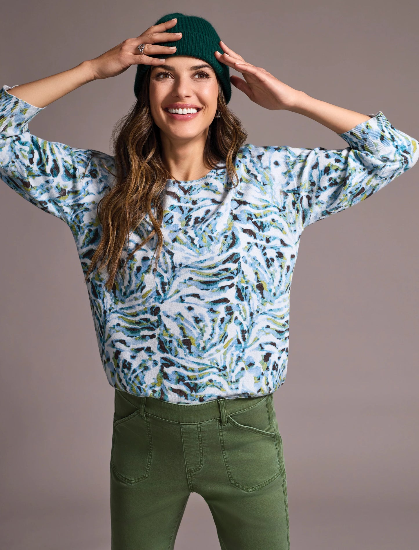 Tribal Soft Yarn 3/4 Sleeve Crew Neck Sweater