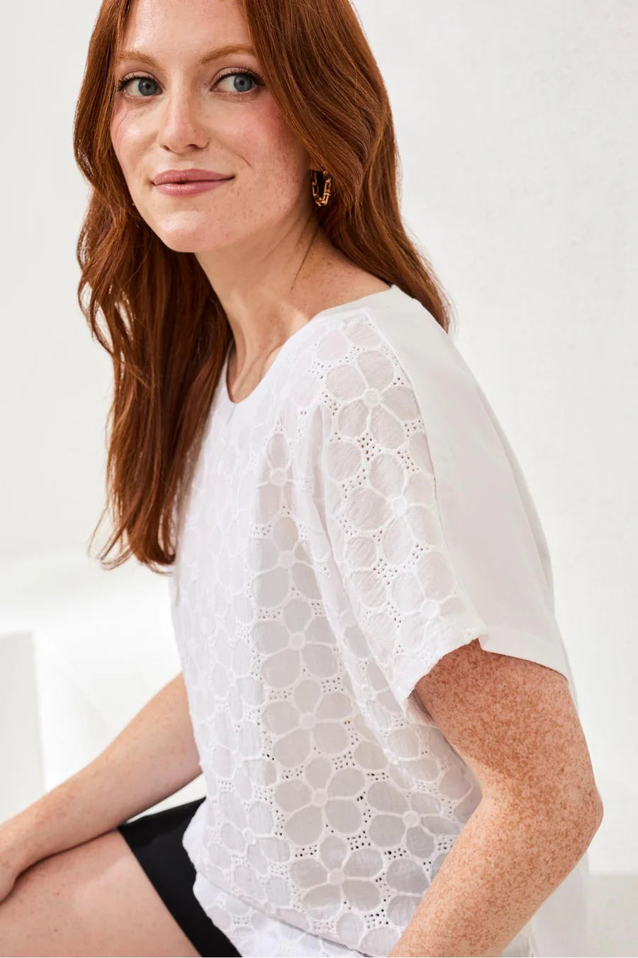 Tribal Textured Cotton Cap Sleeve Crew Top