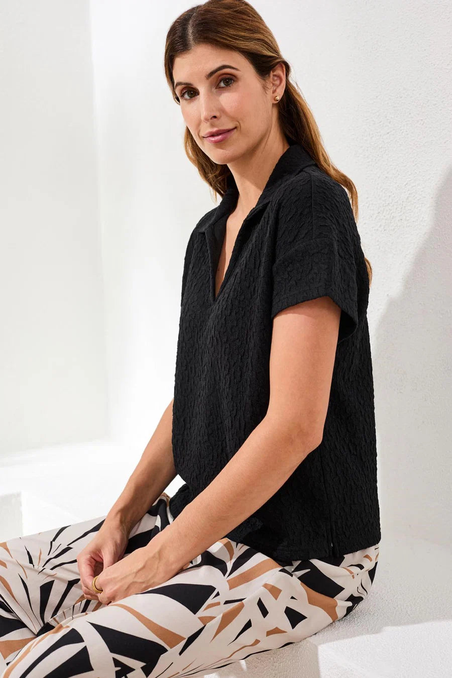 Tribal Textured Johnny Collar Short Sleeve Top-Black