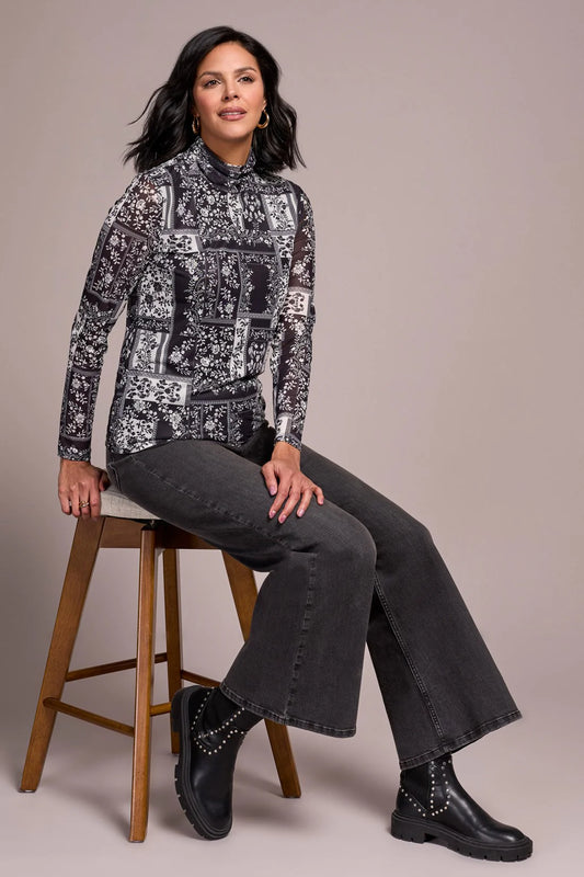 Tribal Turtleneck Lined Mesh Top