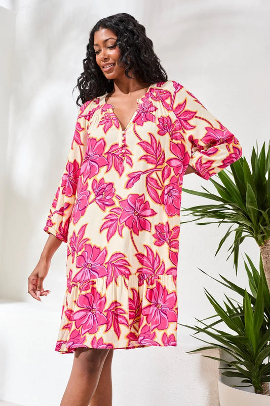 Tribal Notch Neck 3/4 Sleeve Tiered Tunic Dress