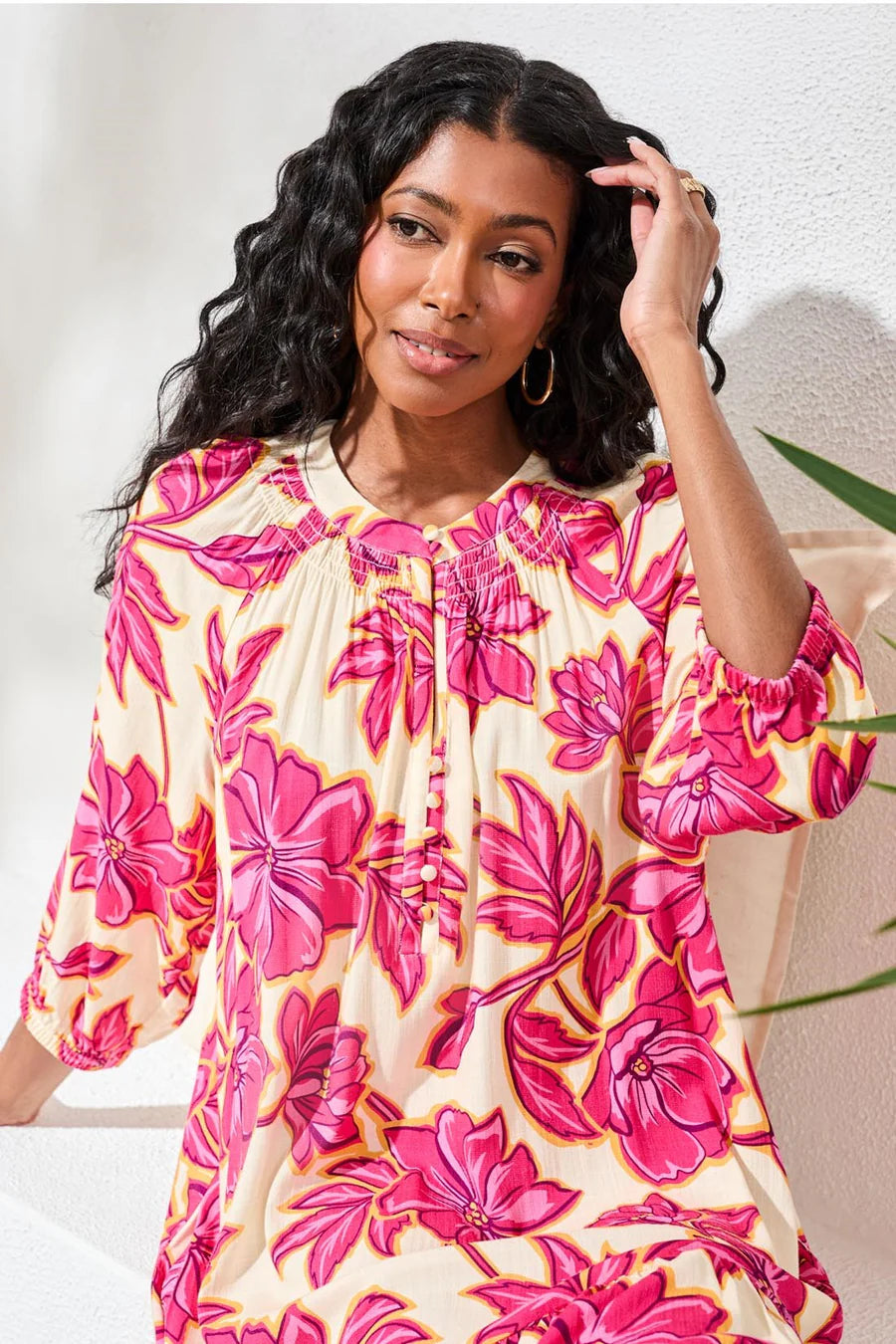 Tribal Notch Neck 3/4 Sleeve Tiered Tunic Dress