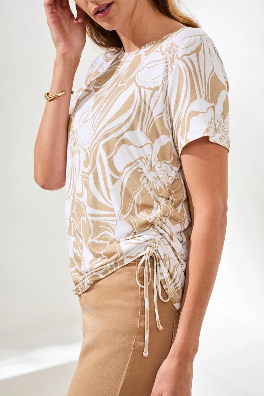 Tribal Printed Jersey Crew Neck Top With Side Ruching