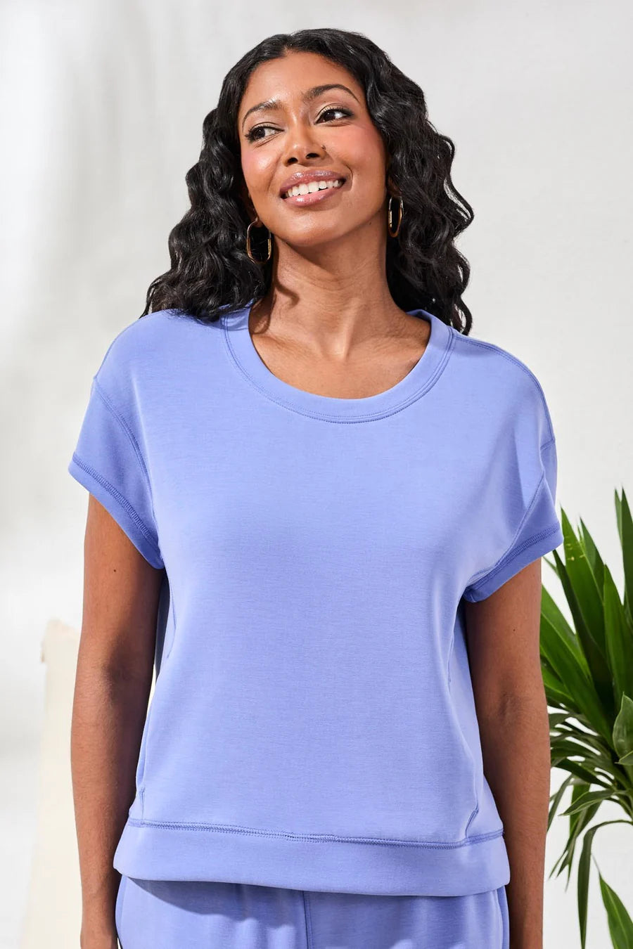 Tribal Soft Modal Cap-Sleeve Crew Neck Top With Kangaroo Pocket