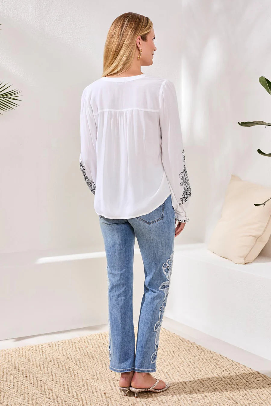 Tribal Viscose Notch Neck Embroidered Puff Sleeve Blouse
