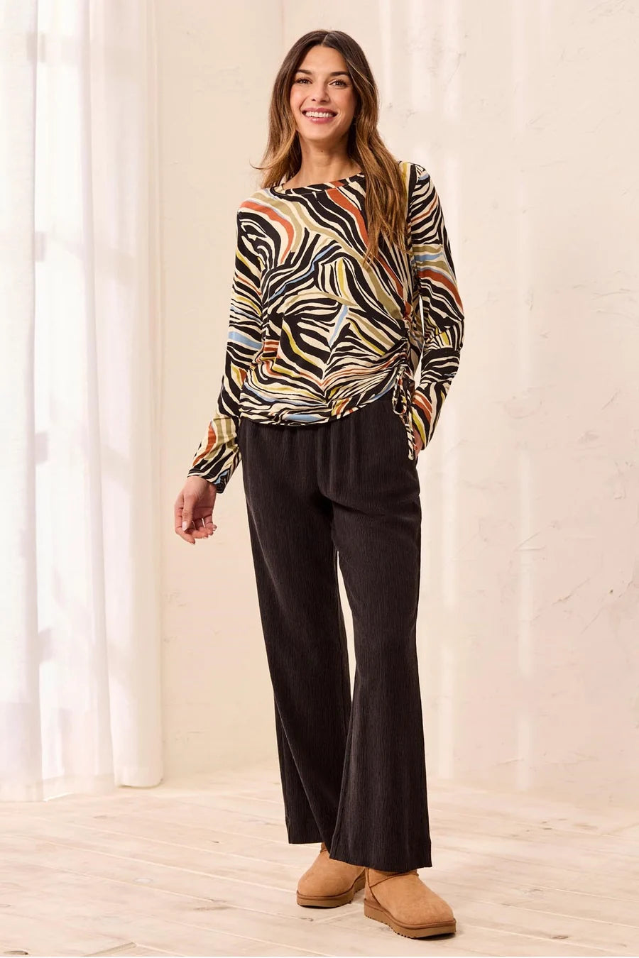 Tribal Ultra-Soft Long Sleeve Crew Neck Knit Top with Side Ruching