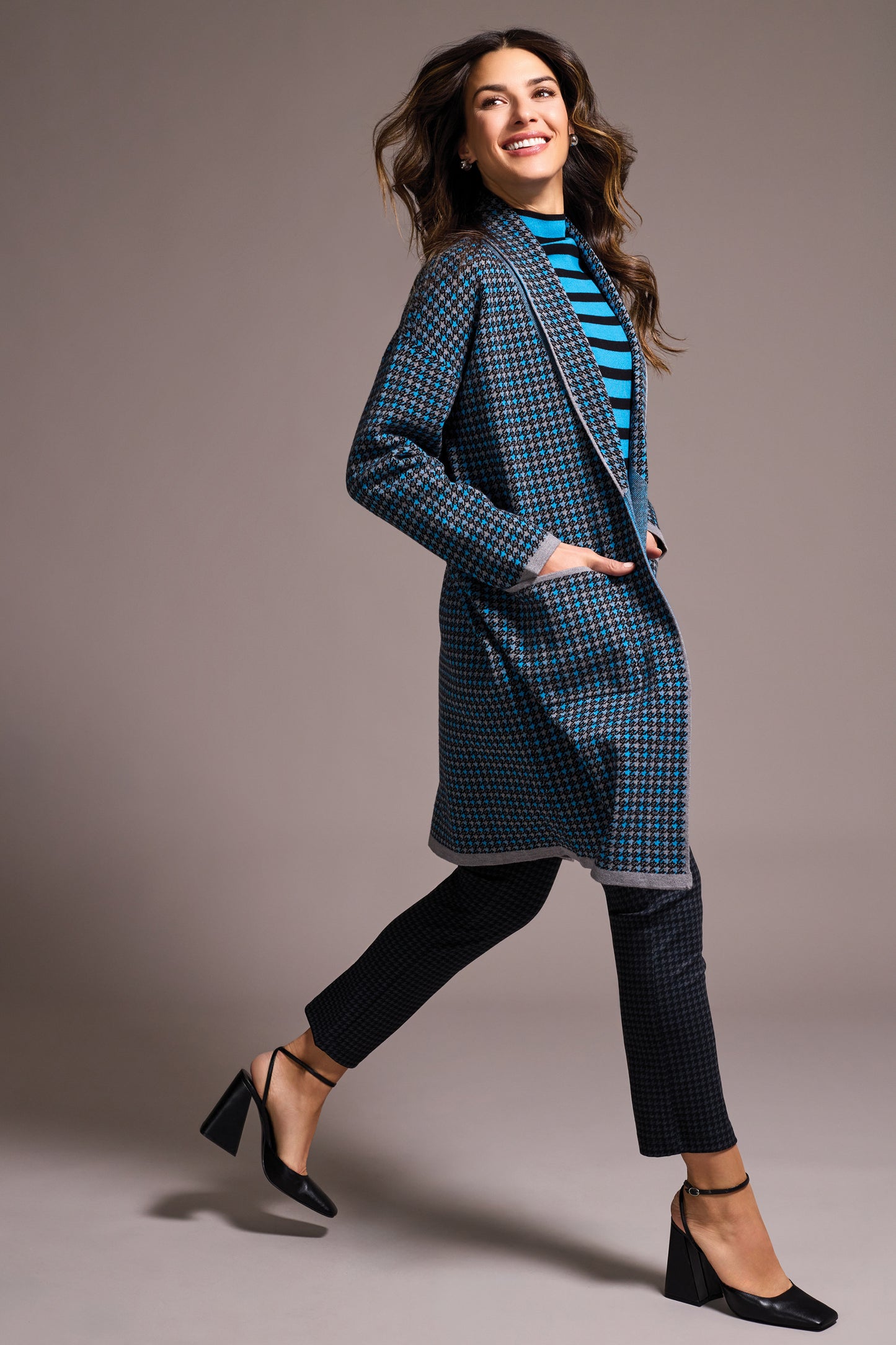Tribal Double Knit Long Plaid Coatigan-Charcoal
