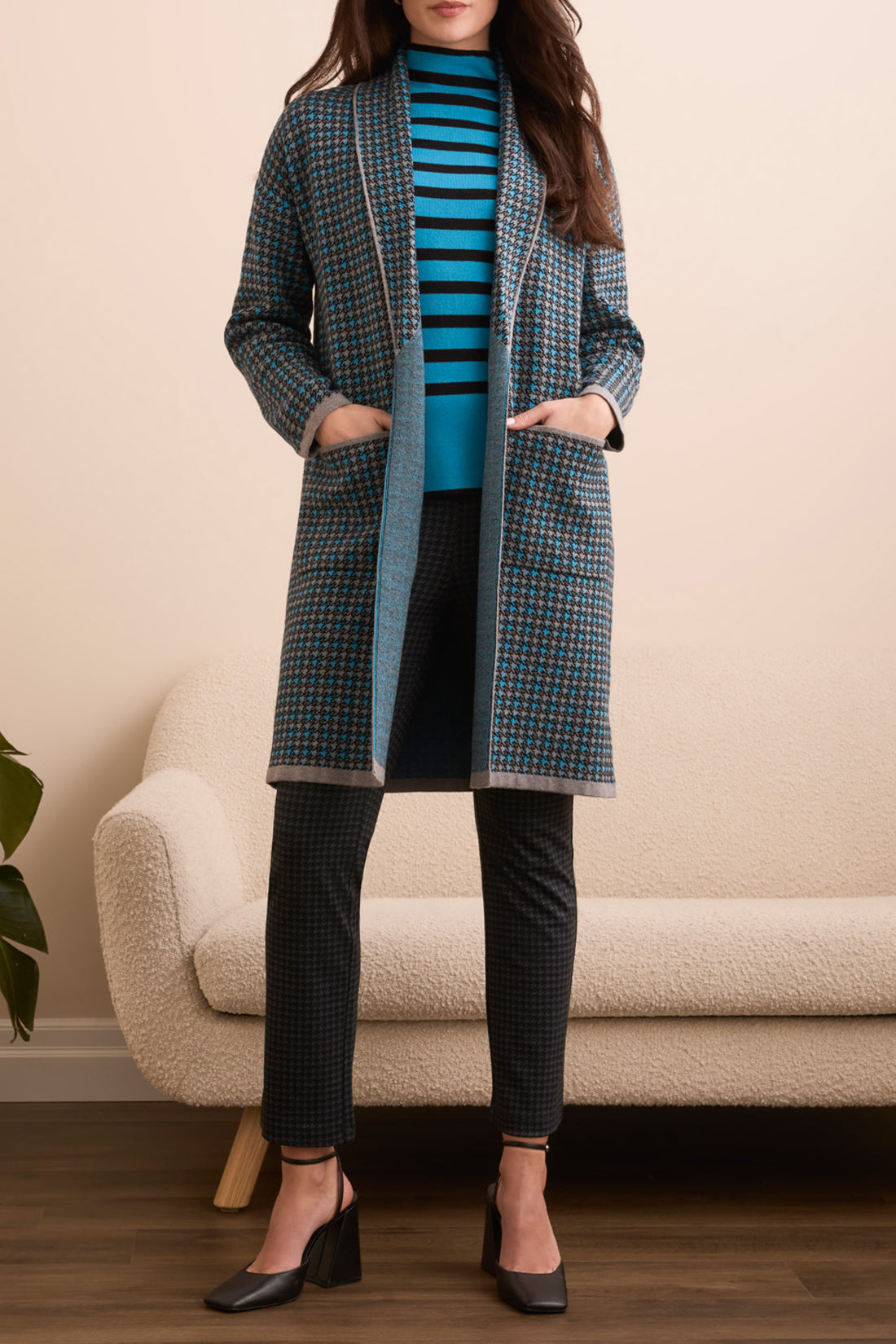 Tribal Double Knit Long Plaid Coatigan-Charcoal