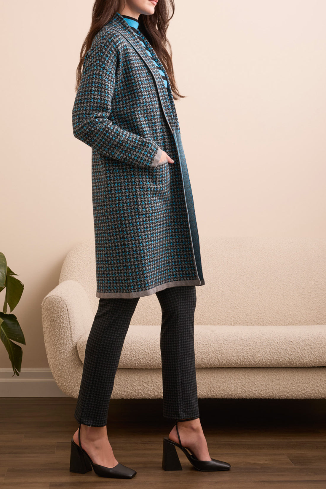 Tribal Double Knit Long Plaid Coatigan-Charcoal