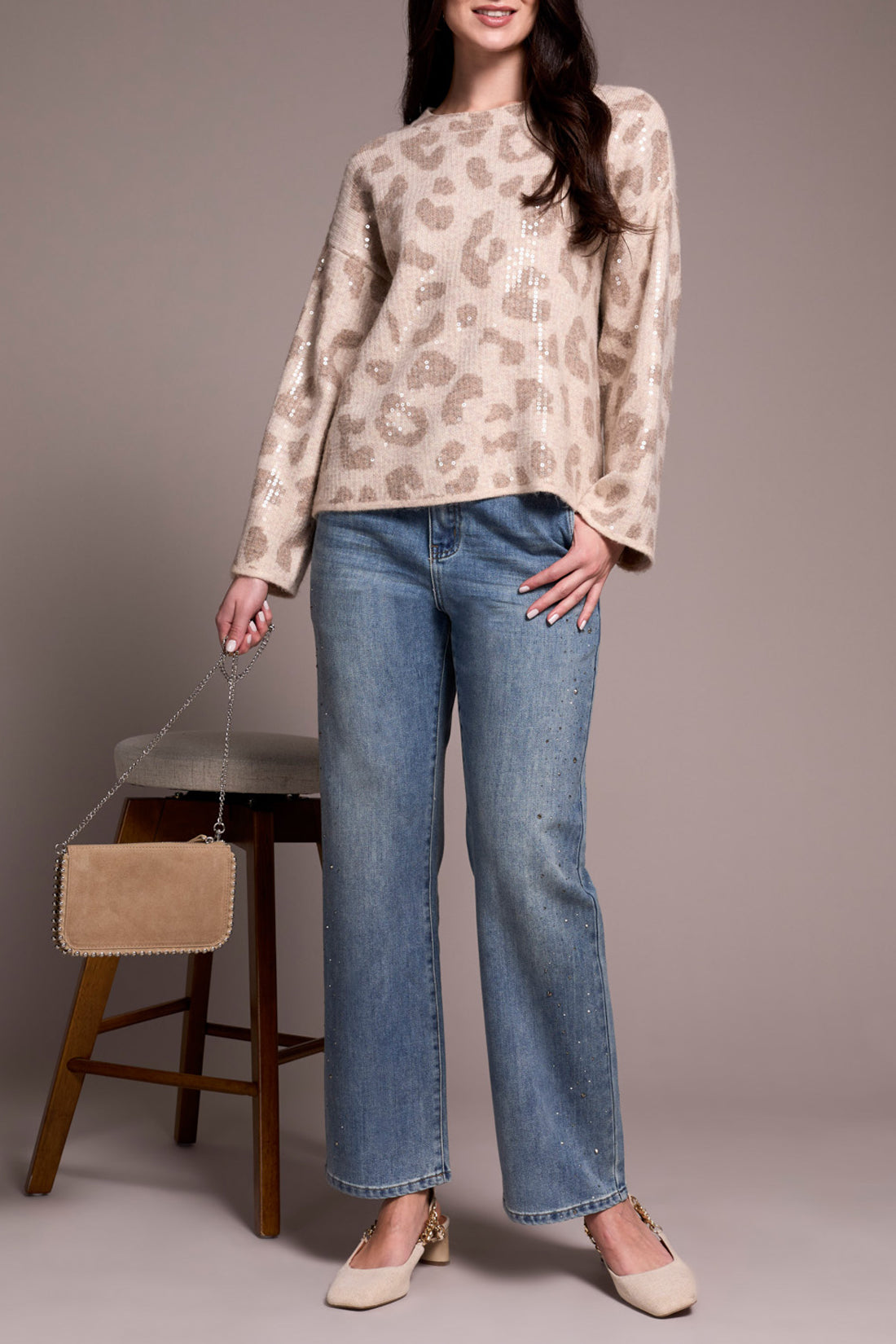 Tribal Long Sleeve Crew Neck Sweater W/ Sequins