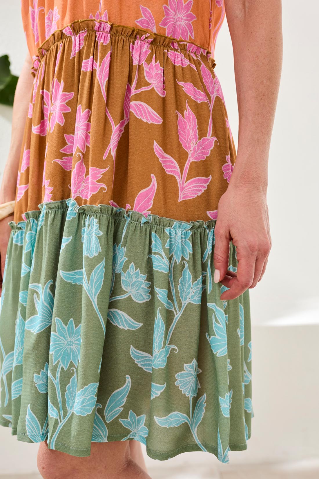 Tribal Short Sleeve Tiered Dress W/ Lining