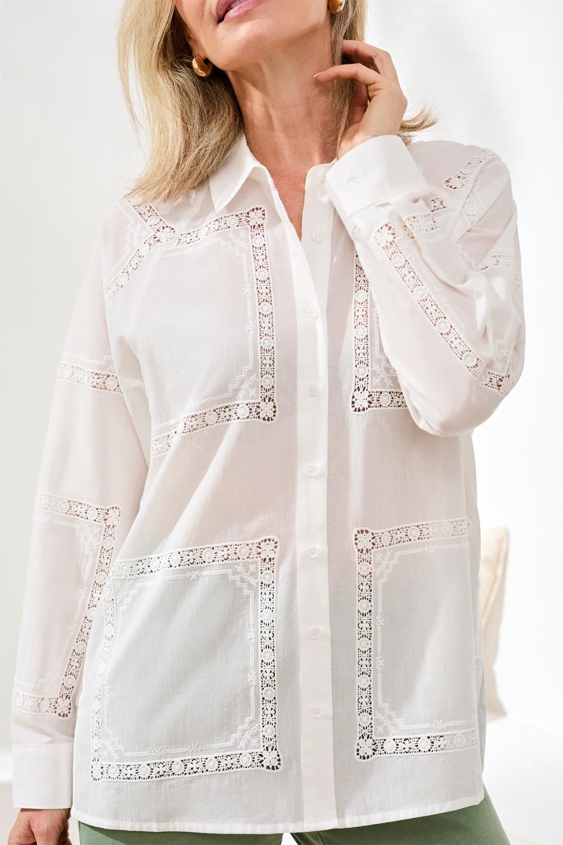 Tribal Embroidered Cotton Voile Button Blouse