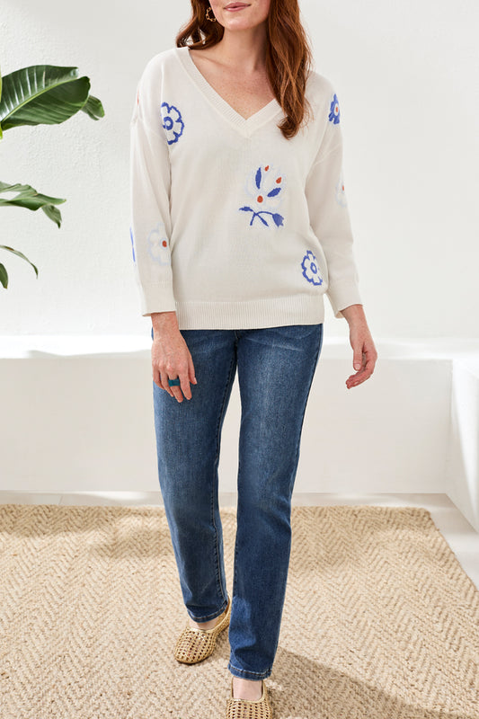 Tribal 3/4 Sleeve V Neck Sweater