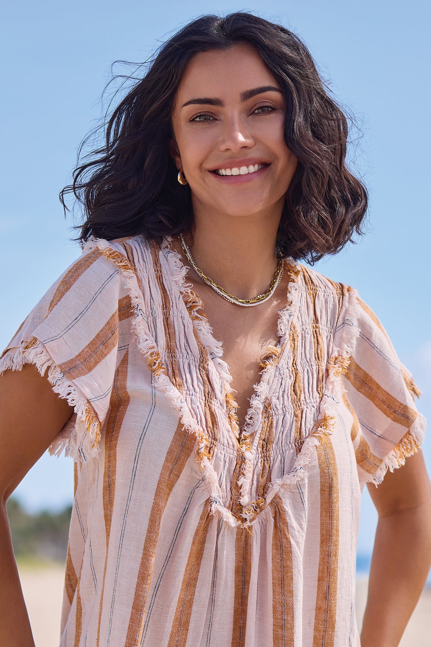 Tribal Short Sleeve Blouse W/ Raw Edge & Smocking