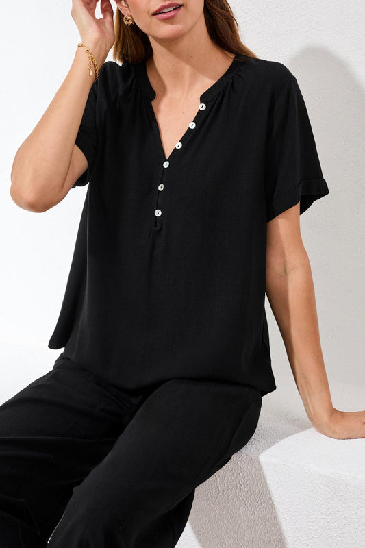 Tribal Linen Notch Neck Relaxed Fit Top