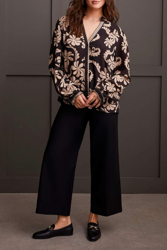Tribal Long Sleeve Blouse With Smocked Collar