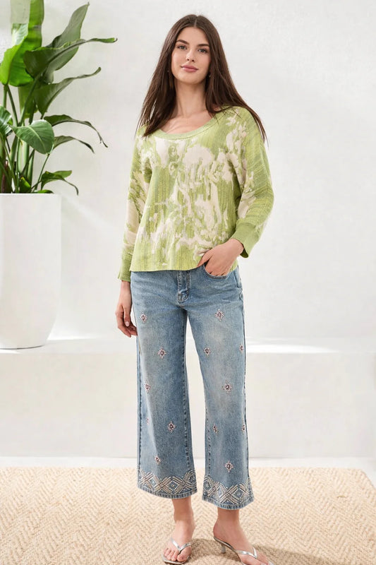 Tribal U Neck Jacquard Sweater 3/4 Sleeve