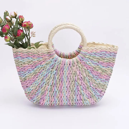 Faux Straw Multi Colour Round Handle Tote