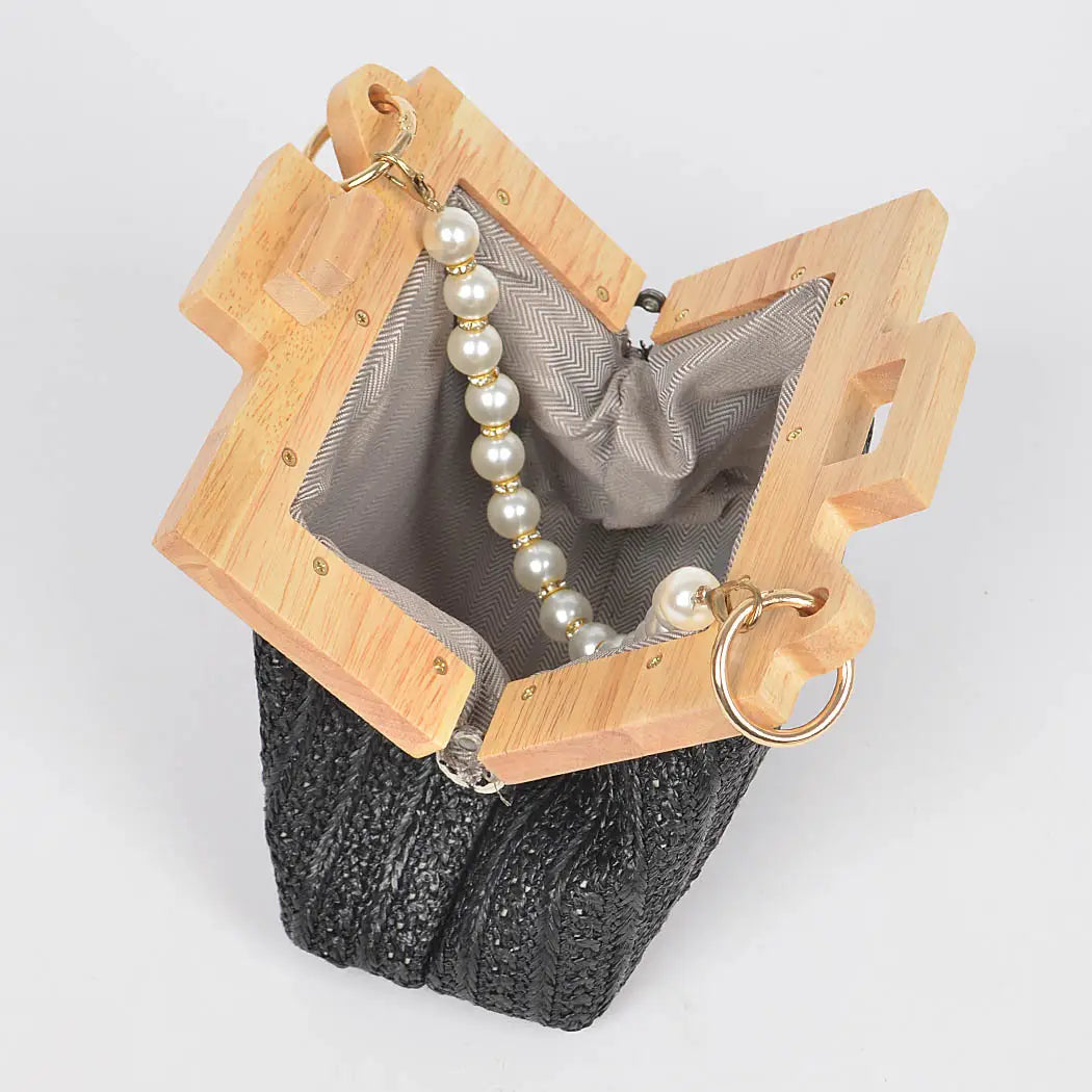 Faux Straw Wood Frame Clutch