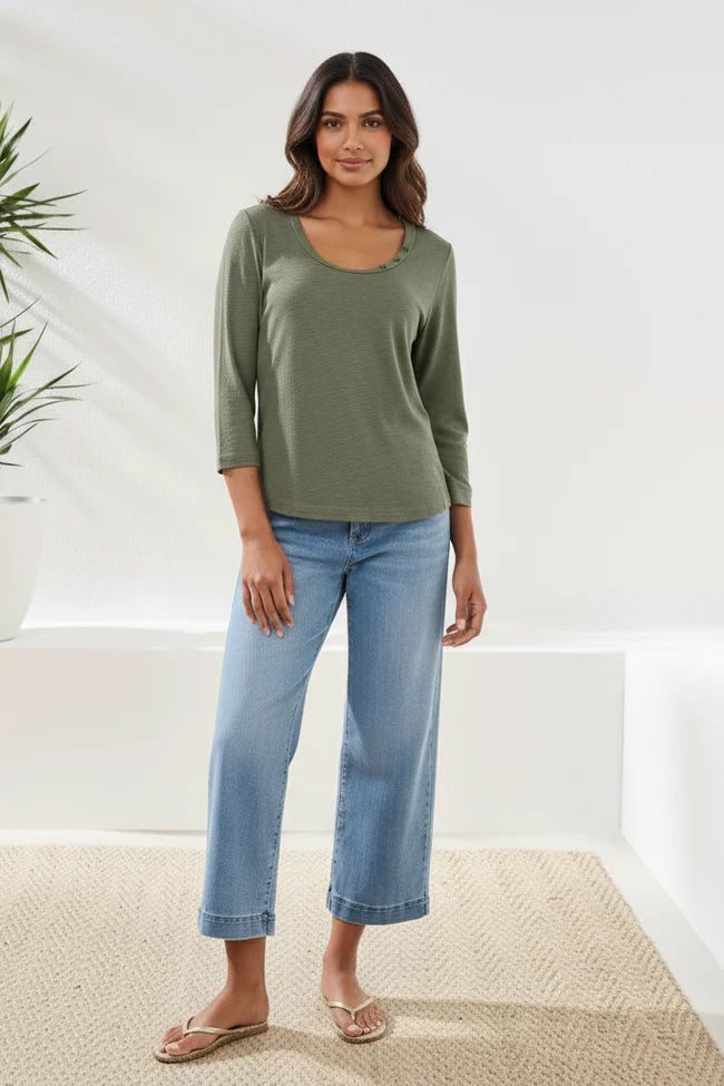 Tribal Knit 3/4 Sleeve Scoop Neck Top With Buttons