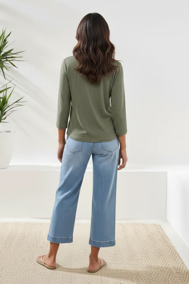 Tribal Knit 3/4 Sleeve Scoop Neck Top With Buttons