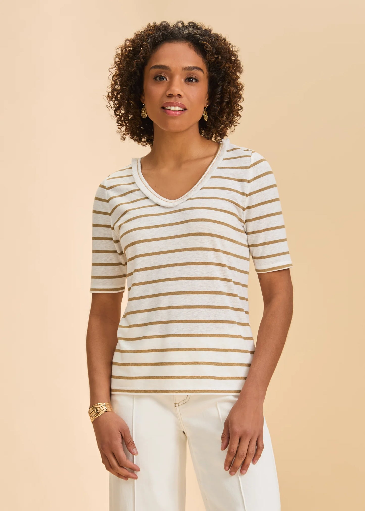FDJ Elbow Sleeve Fringed Neck Top