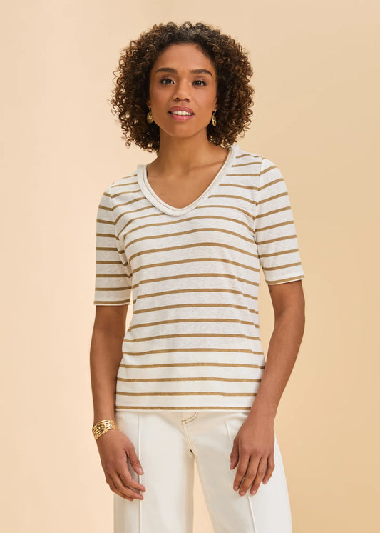 FDJ Elbow Sleeve Fringed Neck Top