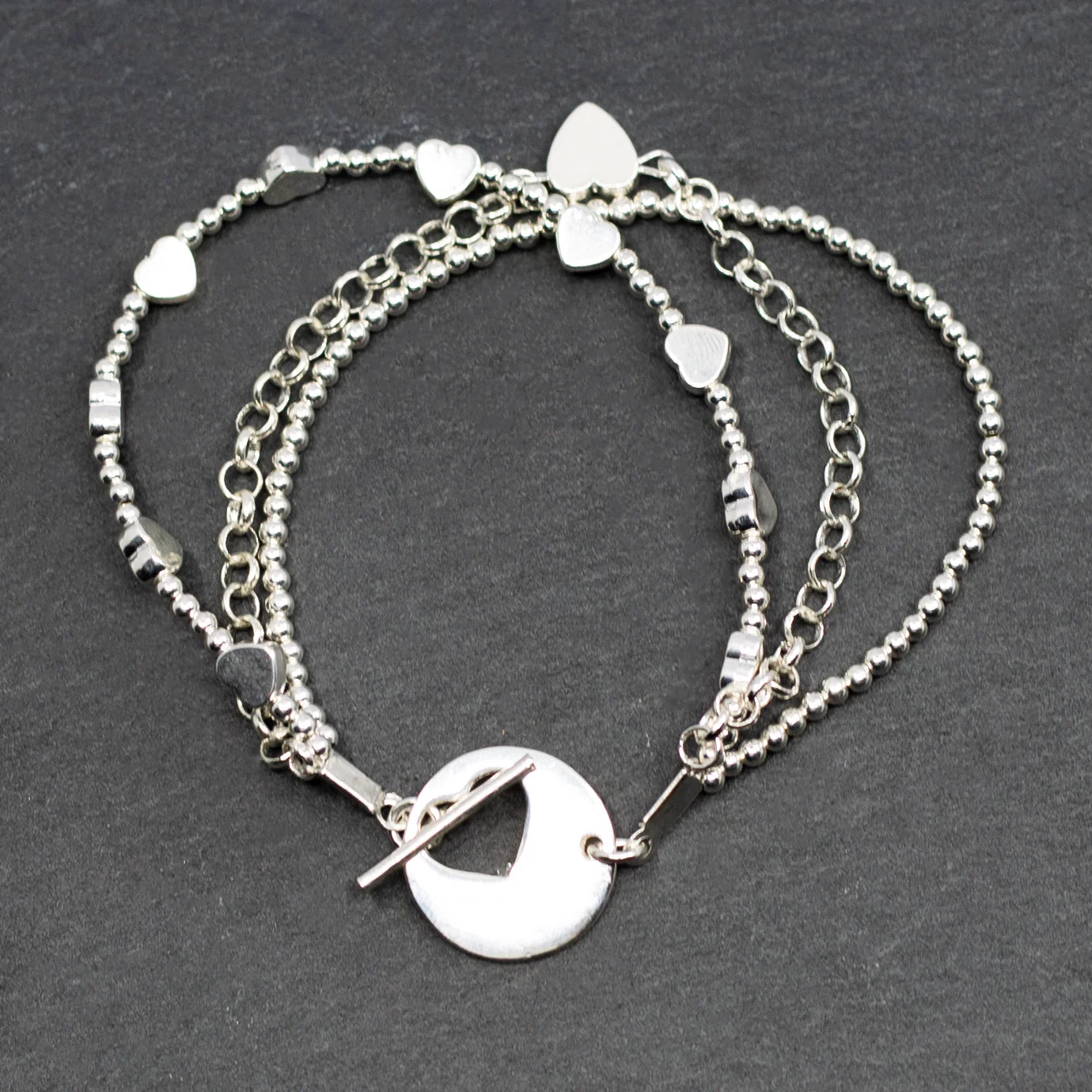 Silver Plated Multi Strand Heart Charm Bracelet