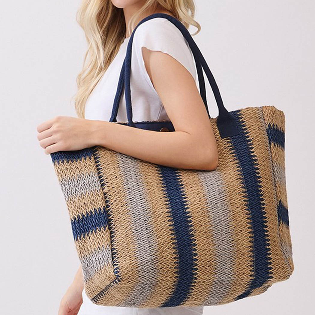 Natural Brown Stripe Straw Tote Bag