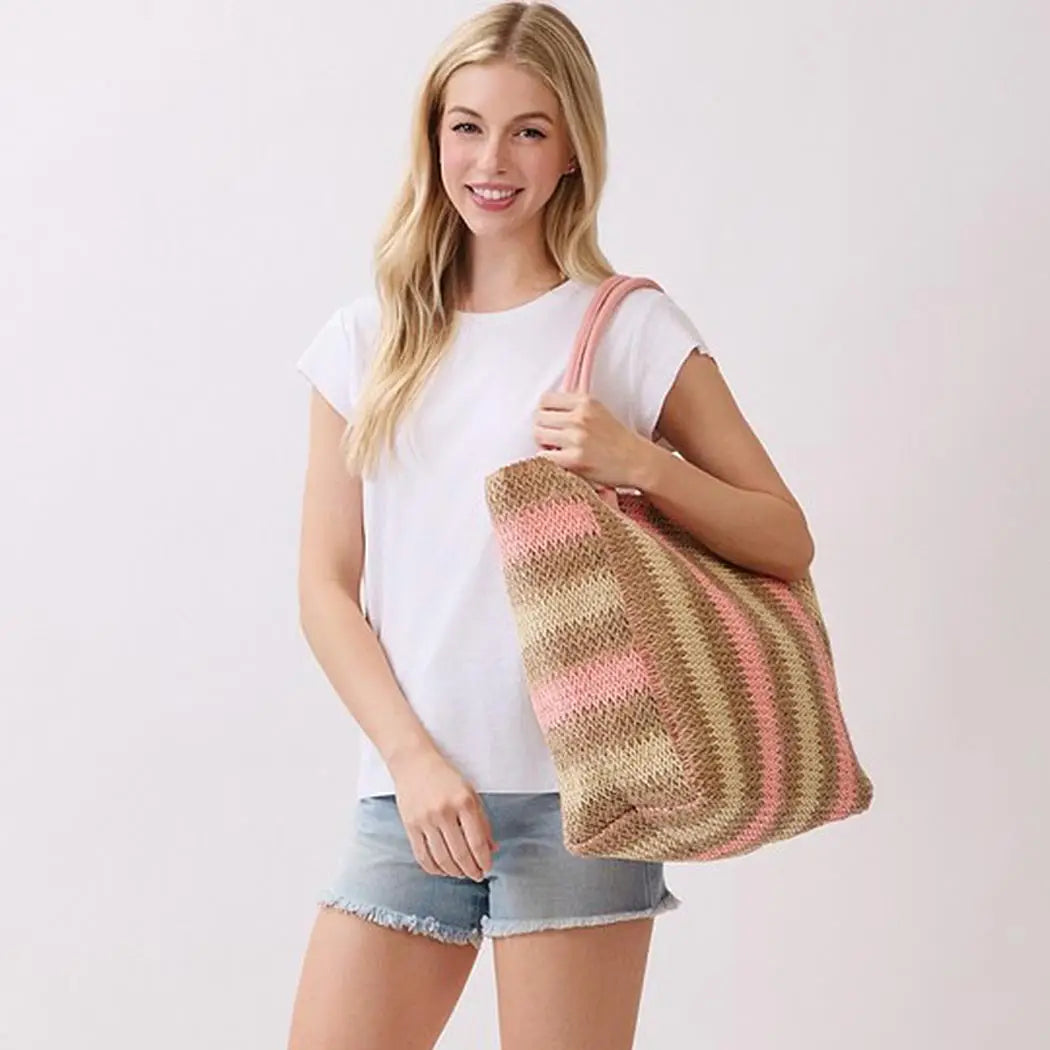 Natural Brown Stripe Straw Tote Bag