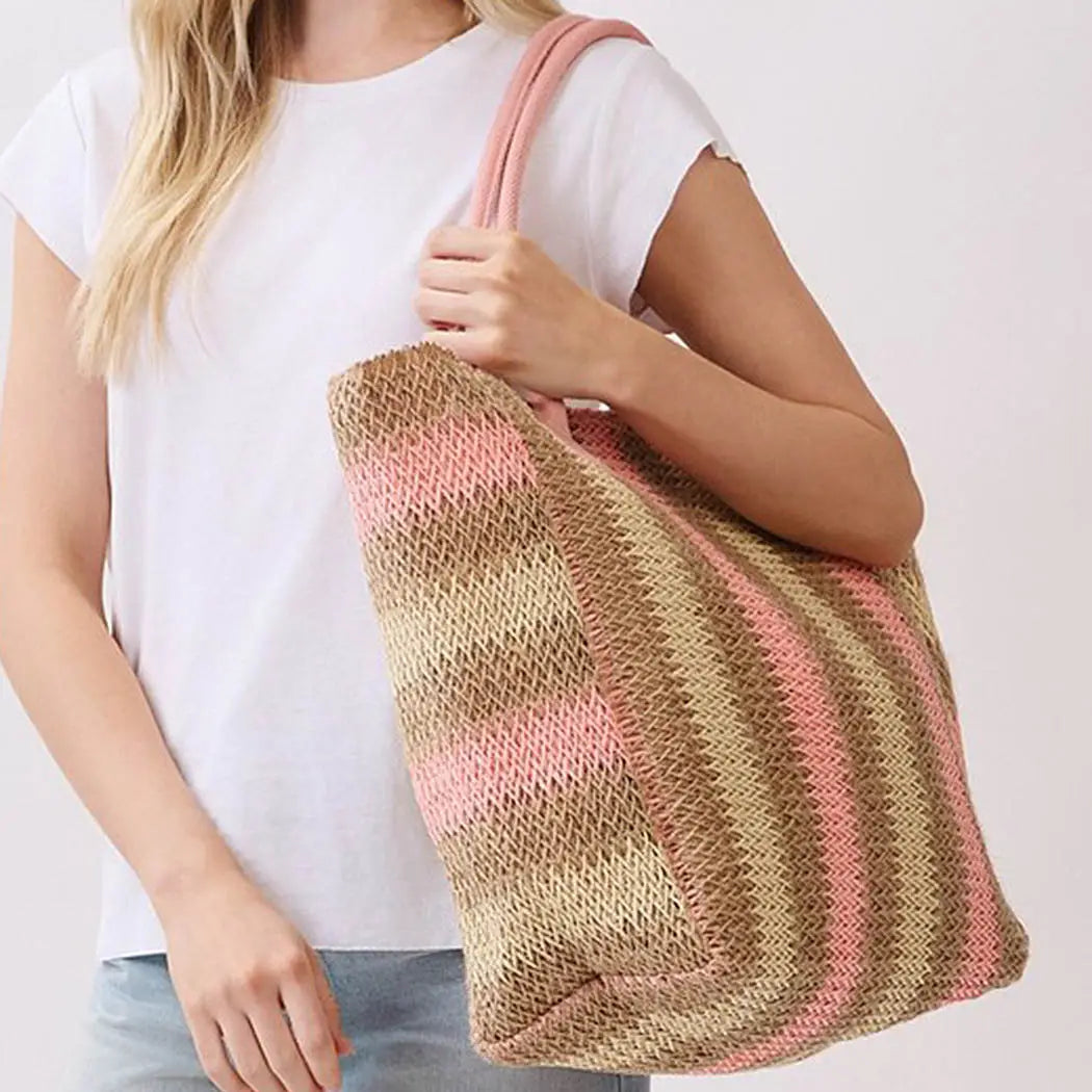Natural Brown Stripe Straw Tote Bag