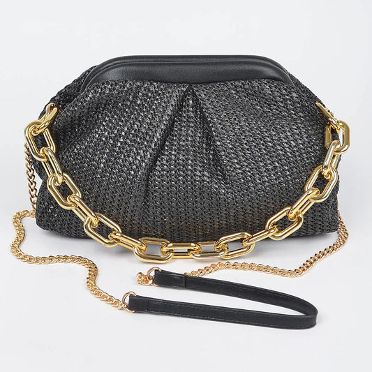 Faux Straw Bag W/ Link Chain