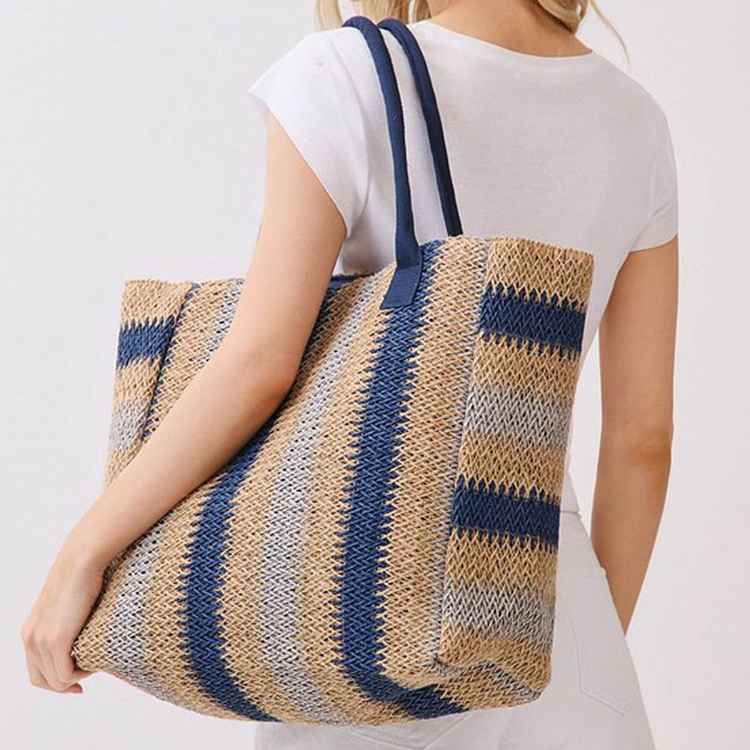 Natural Brown Stripe Straw Tote Bag