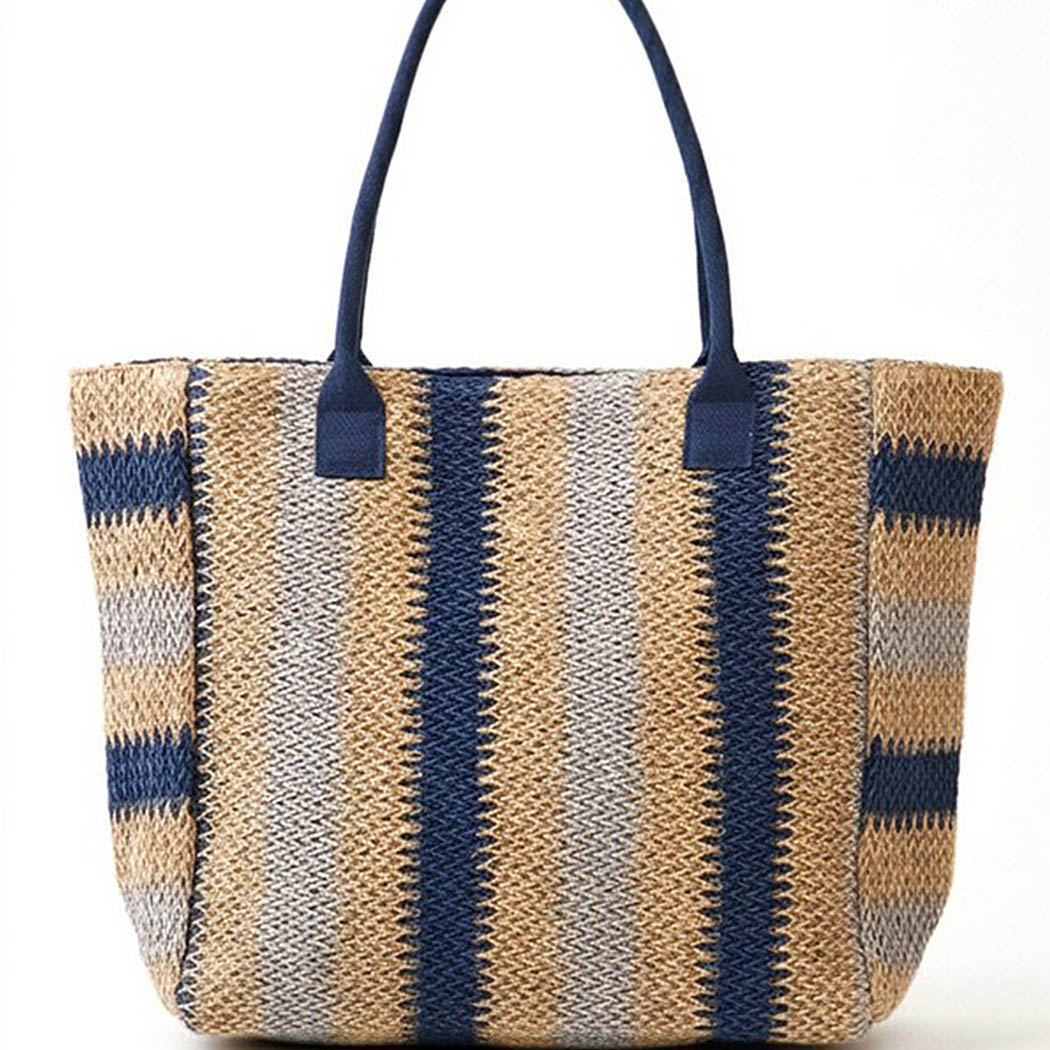Natural Brown Stripe Straw Tote Bag