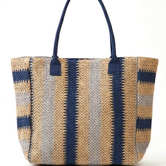 Natural Brown Stripe Straw Tote Bag