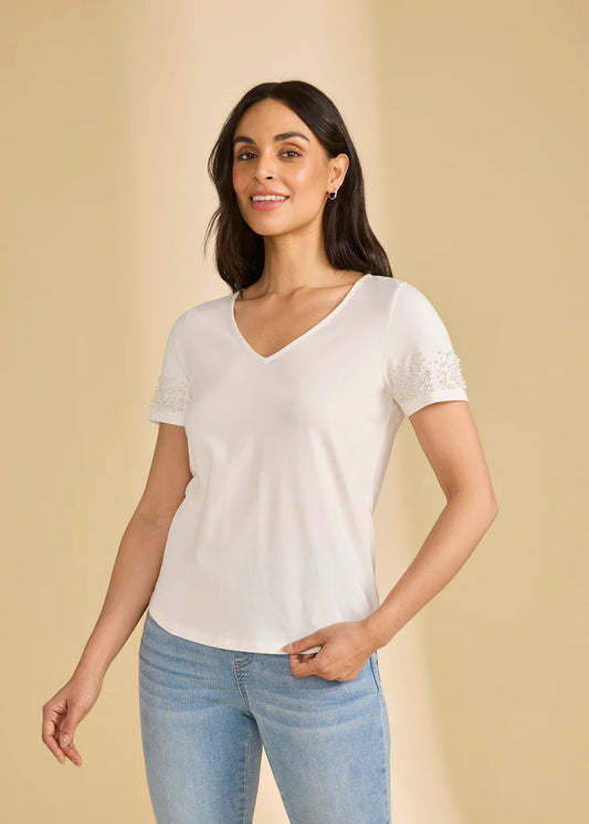 FDJ Pearl Embellished V-Neck Top