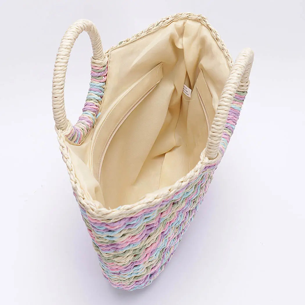 Faux Straw Multi Colour Round Handle Tote