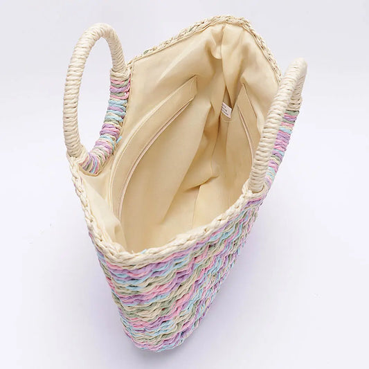 Faux Straw Multi Colour Round Handle Tote