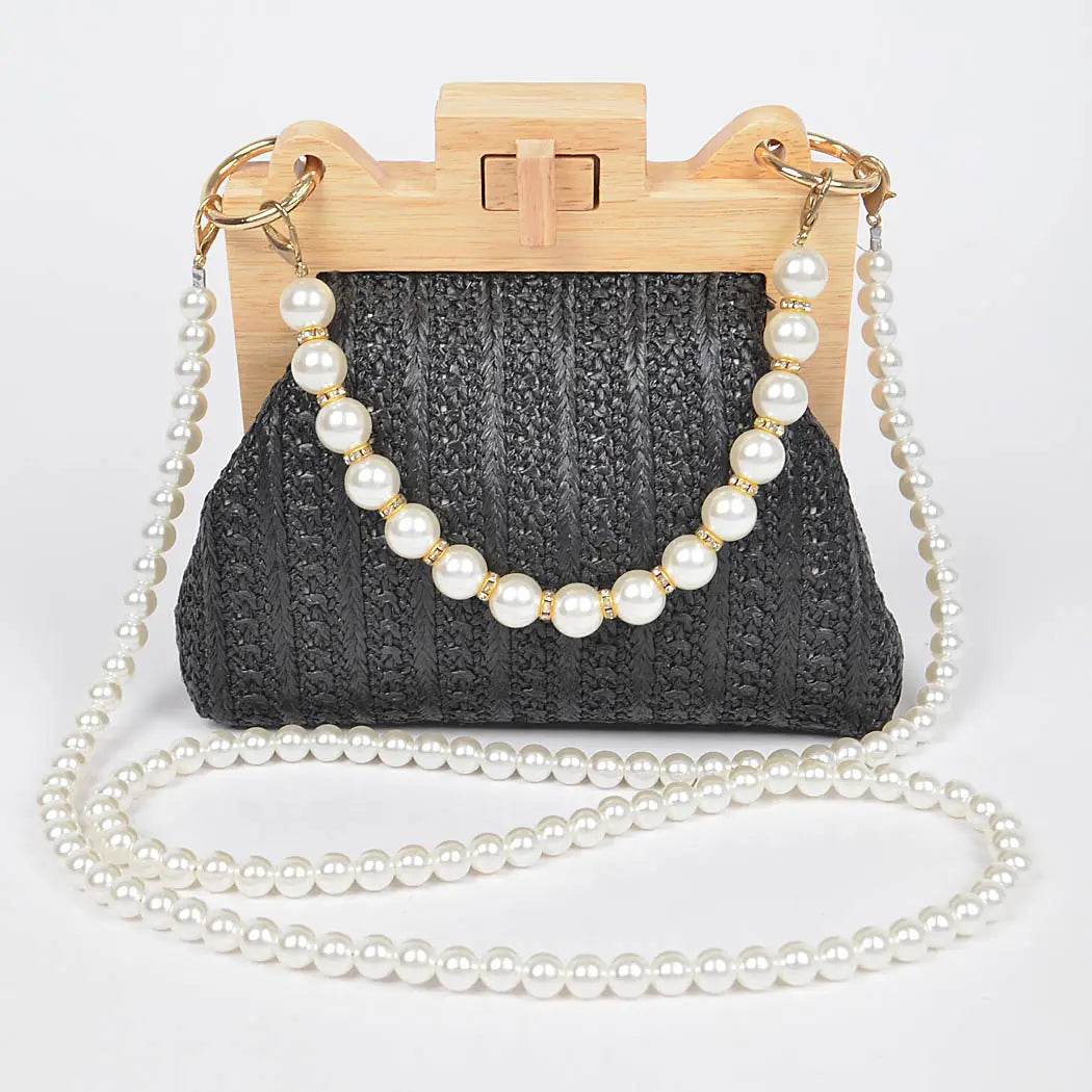 Faux Straw Wood Frame Clutch