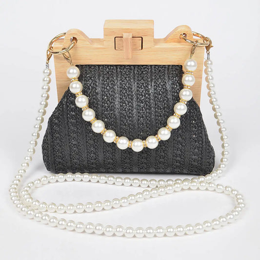 Faux Straw Wood Frame Clutch